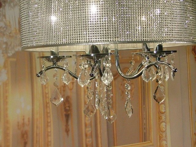 SILVER DRUM SHADE CEILING CRYSTAL CHANDELIER PENDANT FIXTURE LIGHTING 