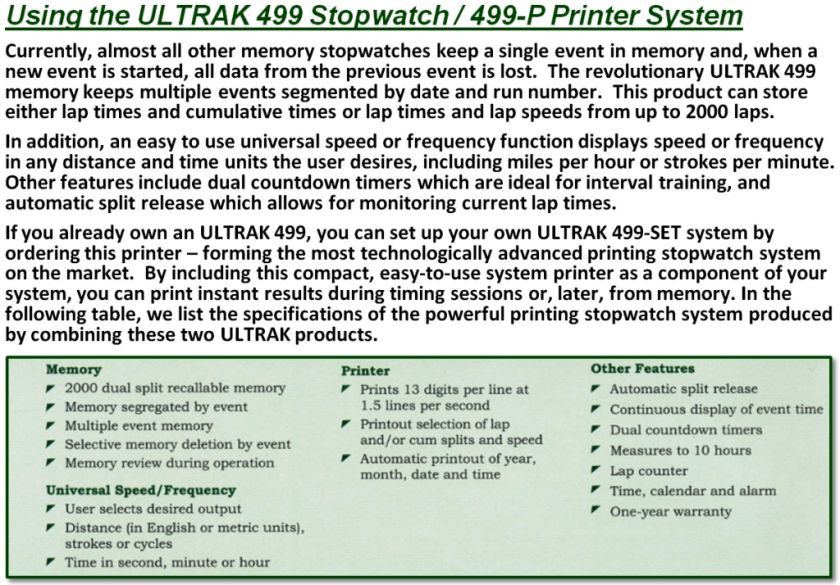 ULTRAK 499 P Printer for 2000 Lap Memory Stopwatch  