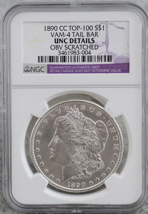 1890 CC Morgan Silver Dollar, VAM 4 Tail Bar Top 100, UNC MS NGC US, 7 