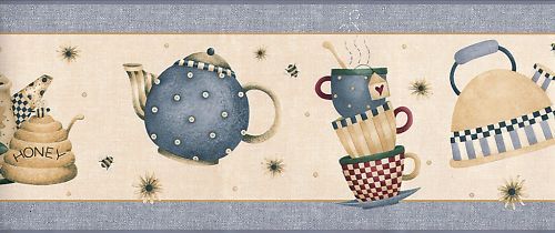 WALLPAPER BORDER DEBBIE MUMM TEAPOTS AND TEACUPS  