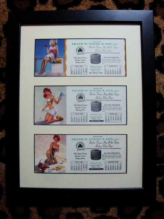 VTG PIN UP GIRL CALENDAR ART BLOTTERS 1951 1952 CUSTOM FRAMED 