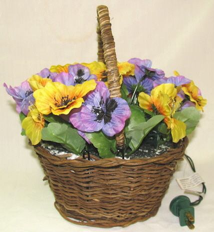 Lighted Pansies Flower Wicker Basket Table Lamp Decor  