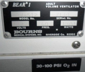 BOURNS BEAR 1 BV 512 ADULT VOLUME VENTILATOR HUMIDIFIER  